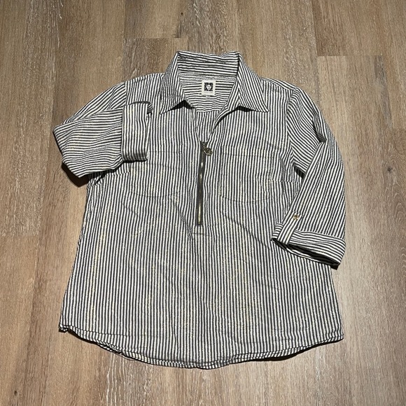 Anne Klein Striped Metallic Seersucker Blouse Top 3/4 Sleeve Zip Front Women M - Picture 1 of 8